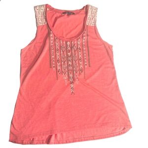 Anne French Tank Top Sz L Crochet Shoulders Embroidered Coral Pink Hi Lo Hem